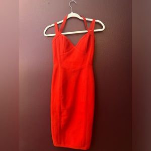 Small. Tight dress. Beautiful red. Low cut neck. Cocktail dress.
